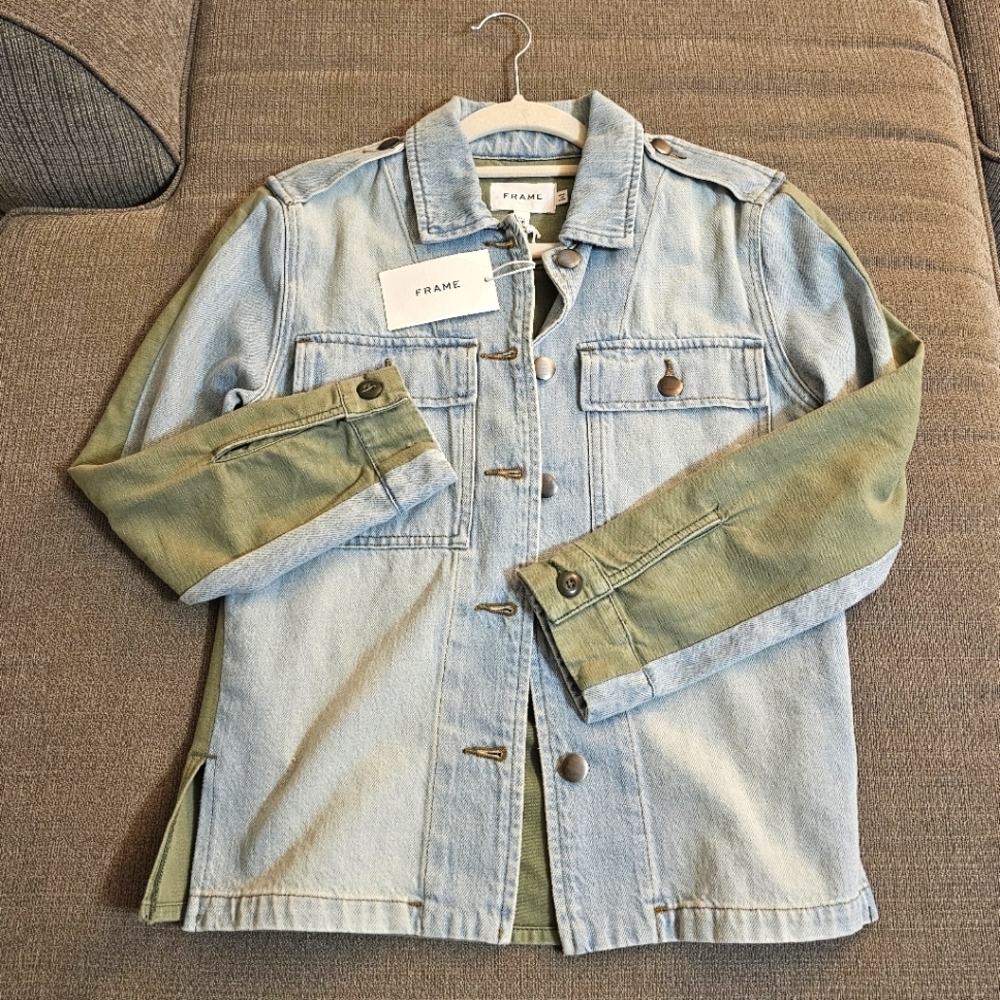 Frame Cargo Canteburry Gate Button Western Blue Olive Green Denim Jacket Size XS